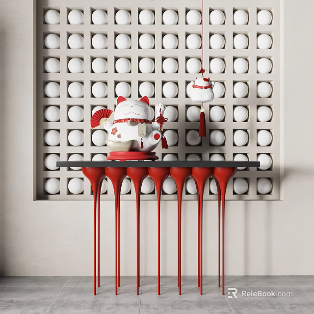 Console Table With Lucky Cat And Red Pendant Decorations Against Circular Hole Patterned Wall 3d model