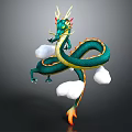 Green Dragon With Yellow Horns And Green Body Surrounded By Clouds And Orange Flame Tail
