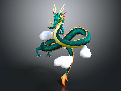 Green Dragon With Yellow Horns And Green Body Surrounded By Clouds And Orange Flame Tail 3d model
