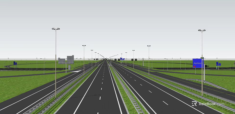 Road Infrastructure Featuring Wide Highway Street Lamps Green Belts And Lane Markings 3d model 