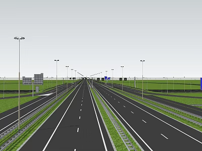 Road Infrastructure Featuring Wide Highway Street Lamps Green Belts And Lane Markings 3d model