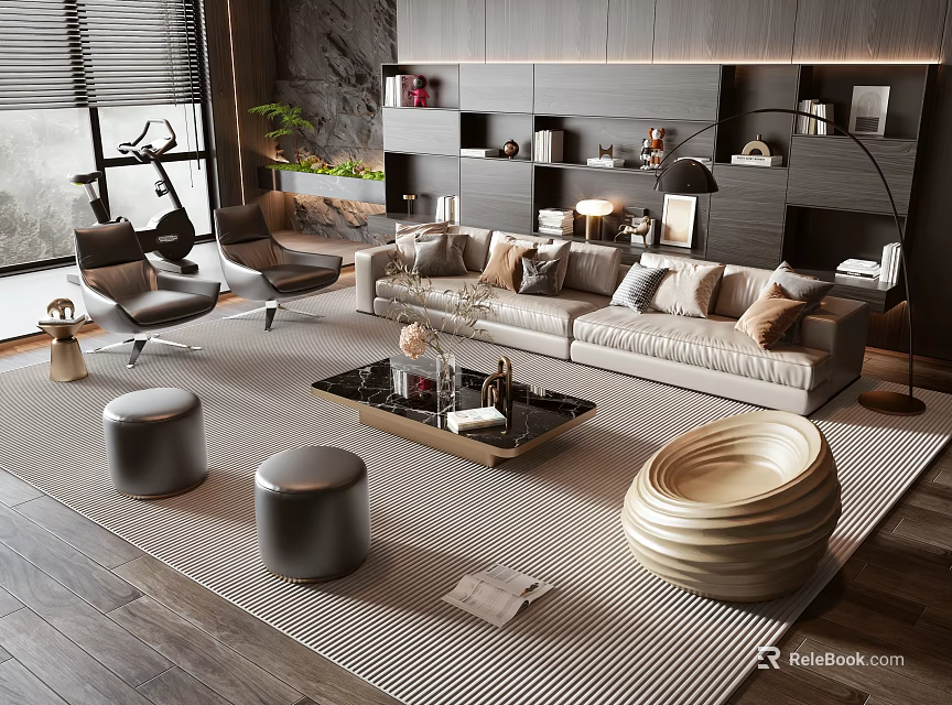 Elegant Modern Living Room Interior With Beige Sofa Coffee Table Set Black Top And Stools 3d model 