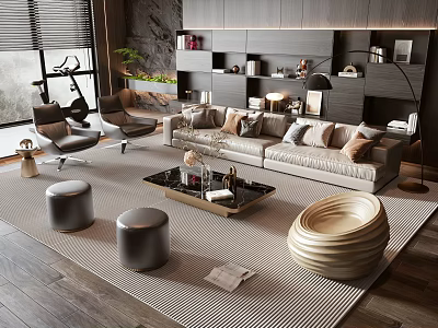 Elegant Modern Living Room Interior With Beige Sofa Coffee Table Set Black Top And Stools 3d model