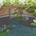 Wooden Pergola Design with Sloped Roof Surrounding Pine Tree and Stone Water Feature