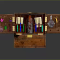 Open Vintage Wooden Chest With Various Equipment Glass Bottles And Small Tools