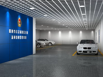 Vehicle Management Office Interior With Blue Wall Police Badge And Parked Cars 3d model