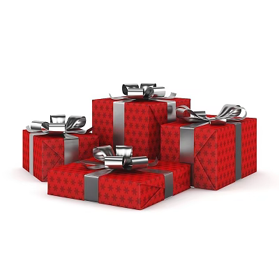 Festive Red Gift Boxes With Silver Ribbons And Bow Decorations For Home Use 3d model