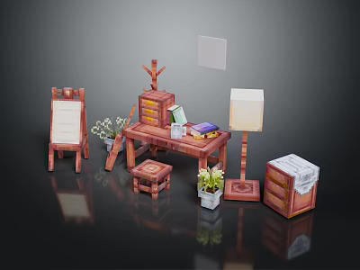 Vintage Wooden Furniture Collection Featuring Easel Desk Table Lamp Small Stool Potted Plant And Cabinet 3d model