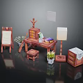 Vintage Wooden Furniture Collection Featuring Easel Desk Table Lamp Small Stool Potted Plant And Cabinet
