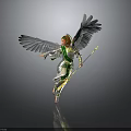 Woman With Large White Wings In Green And White Outfit Holding Staff
