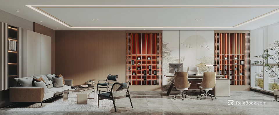 Modern Chinese Style Office Interior With Red Lattice Bookshelf Office Desks And Computers 3d model 