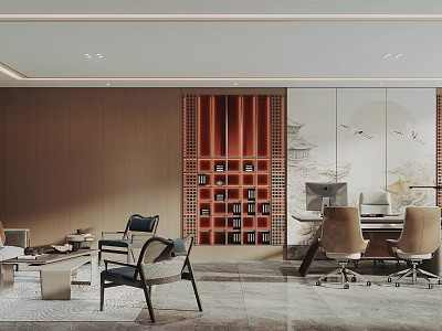 Modern Chinese Style Office Interior With Red Lattice Bookshelf Office Desks And Computers 3d model