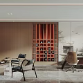 Modern Chinese Style Office Interior With Red Lattice Bookshelf Office Desks And Computers