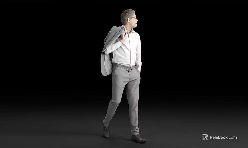 Man Walking In White Shirt Carrying Jacket With Gray Pants On Black Background 3d model 