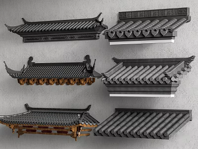 Traditional Chinese Architectural Roof Components Showcasing Diverse Tile And Eave Designs 3d model