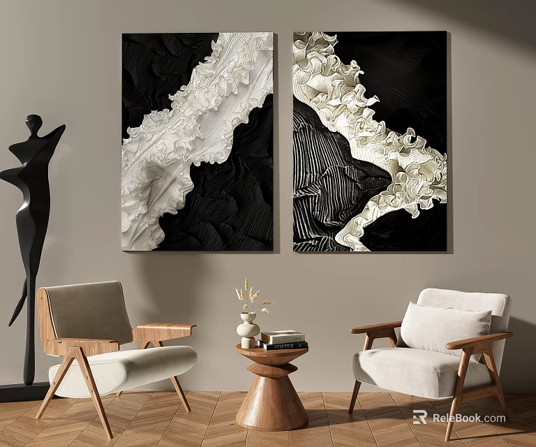Leisure Sofa Set With Black and White Decorative Paintings Black Sculpture and Wooden Coffee Table 3d model 