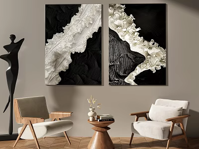 Leisure Sofa Set With Black and White Decorative Paintings Black Sculpture and Wooden Coffee Table 3d model
