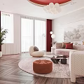 Modern Living Room With Red Circular Chandelier Large Decorative Painting And Sofa With Cushions