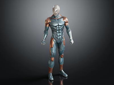 Futuristic Humanoid Character In Blue Copper Metallic Armor With Muscular Build Design 3d model