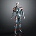 Futuristic Humanoid Character In Blue Copper Metallic Armor With Muscular Build Design