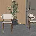 Modern White Dining Chairs With Wooden Legs Near Green Plant And Wooden Wall
