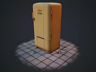 Vintage Yellow Kelvinator Refrigerator Displayed On Checkerboard Floor With Shadow Effect 3d model