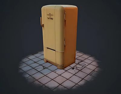 Vintage Yellow Kelvinator Refrigerator Displayed On Checkerboard Floor With Shadow Effect 3d model