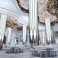 Luxurious Banquet Hall With Tall White Columns Ornate Chandeliers And Circular Stage