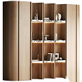 Modern Wooden Storage Shelf With Layered Design Built In Lighting And Decorative Items