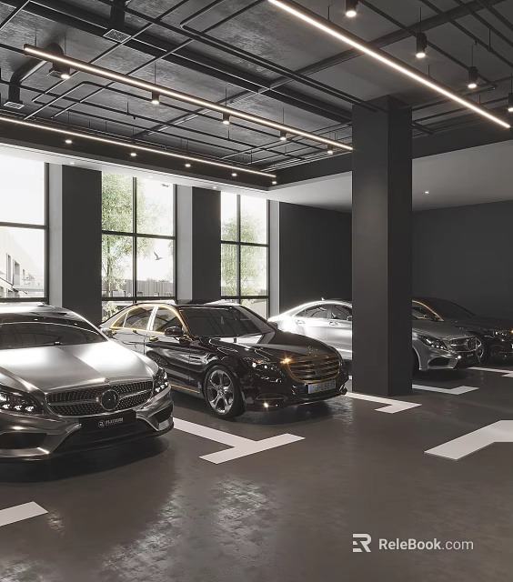 Modern Parking Garage Interior With Parked Cars Directional Arrows And Ceiling Lights 3d model 