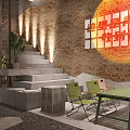 Industrial Style Restaurant Interior With Brick Wall Neon Sign Green Chairs Plants And String Lights