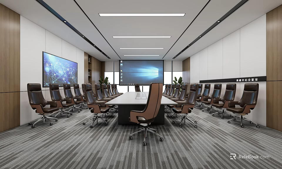 Modern Conference Room Featuring Long Table Chairs Large Screen Projector Lighting And Patterned Carpet 3d model