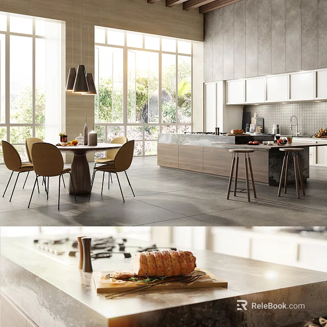 Elegant Modern Restaurant Interior With Open Layout Dining Table And Pendant Lights 3d model