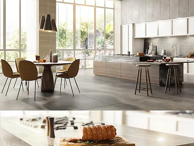 Elegant Modern Restaurant Interior With Open Layout Dining Table And Pendant Lights 3d model