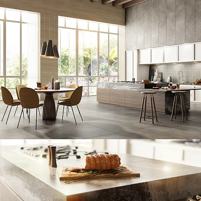 Elegant Modern Restaurant Interior With Open Layout Dining Table And Pendant Lights 3d model
