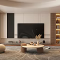 Modern Living Room Interior Design With Circular Curved Ceiling Black Metal Shelves And Beige Sofa
