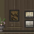 Stylish Abstract Paintings On Wooden Wall With Flower Vase Shelf And Lighting Fixture