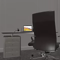 Modern Minimalist Desk With Brown Office Chair Laptop Table Lamp And Striped Wall