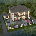 Traditional Detached Villa Exterior With Lush Trees Lawn And Pink Flower Courtyard
