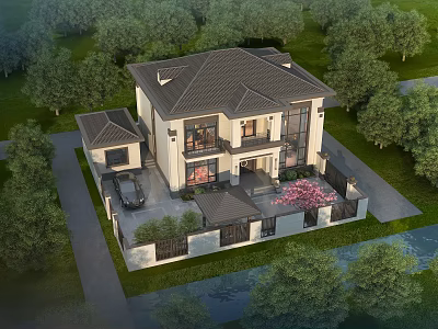 Traditional Detached Villa Exterior With Lush Trees Lawn And Pink Flower Courtyard 3d model