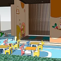 Indoor Garden Landscape With Wooden Ceiling Cartoon Murals Children's Play Facilities And Green Plants