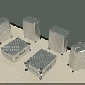 Multiple Silver Suitcases With Diamond Texture And Wheels Arranged Against Wall 3d model