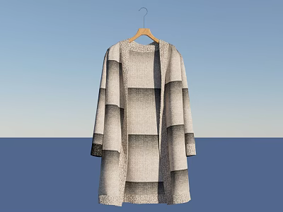 Fashionable Long Gray and White Layered Knitted Cardigan Hanging on Wooden Hanger 3d model