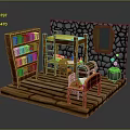 Wooden Bookshelf With Books In Room Featuring Bunk Bed Desk Stone Wall And Wooden Floor