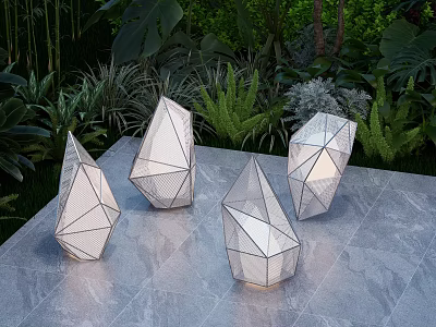 Geometric Design Outdoor Lights With White Finish On Gray Tabletop And Green Plants 3d model