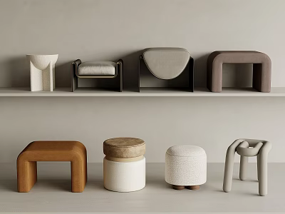 Different Shaped Modern Stools In Wooden White And Upholstered Designs On Shelves 3d model