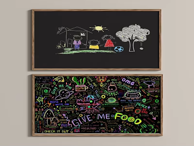 Children's Chalkboard Art With Colorful Doodles And Give Me Food Text 3d model