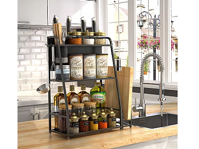 Elegant Modern Bathroom Cabinet Rack With Multiple Storage Shelves And Toiletries In Bright Space 3d model
