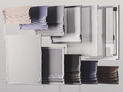 Roman Blinds With Fabric Various Colors And Styles Stacked For Window 3d model