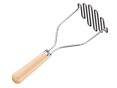 Durable Manual Kitchen Masher Tool With Wooden Handle And Stainless Steel Tines For Food Preparation 3d model